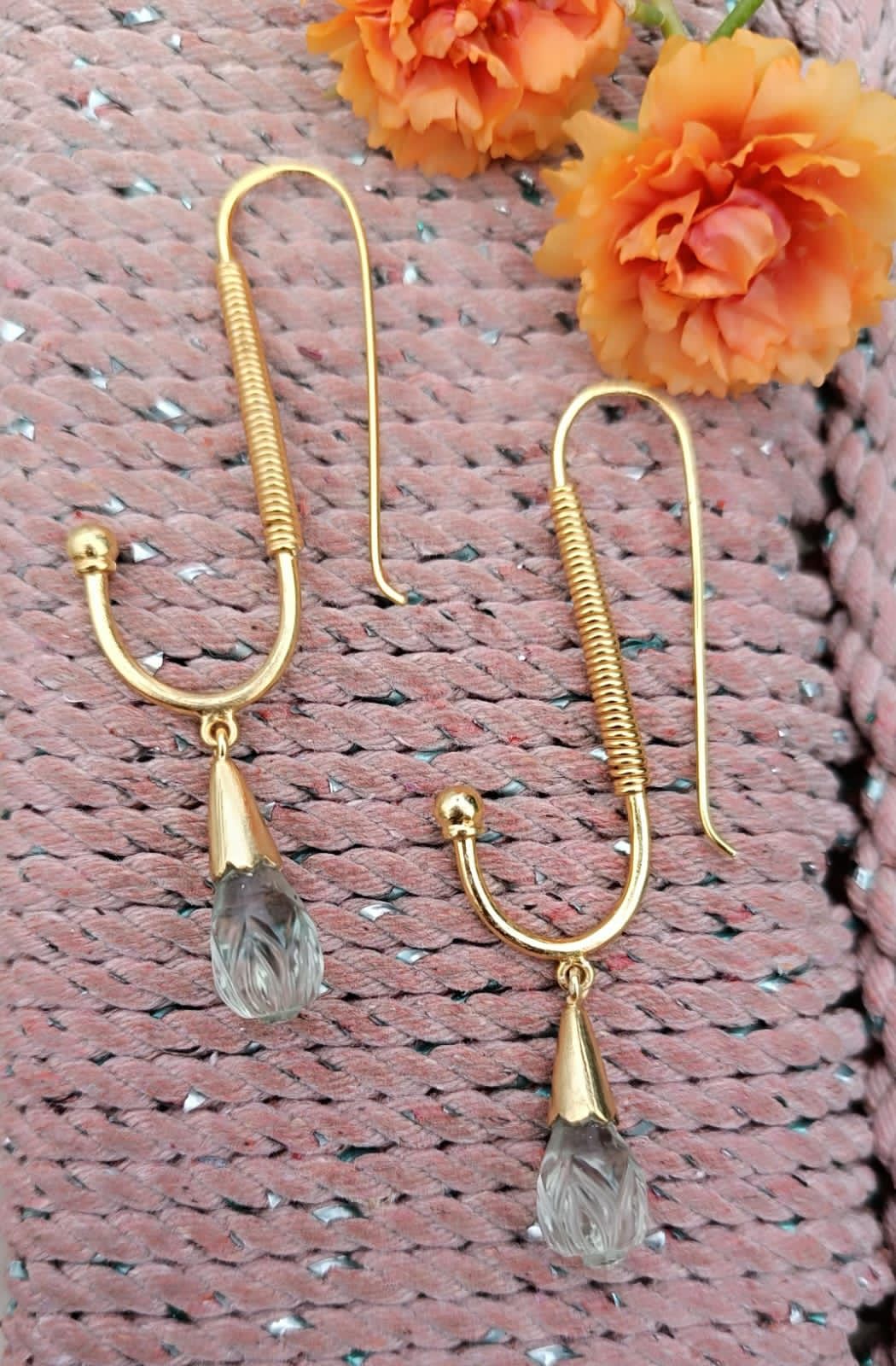 Shelja Earrings (White) in 92.5 Sterling Silver dipped in 1 micron Gold plating long hoops with pastel color drops.