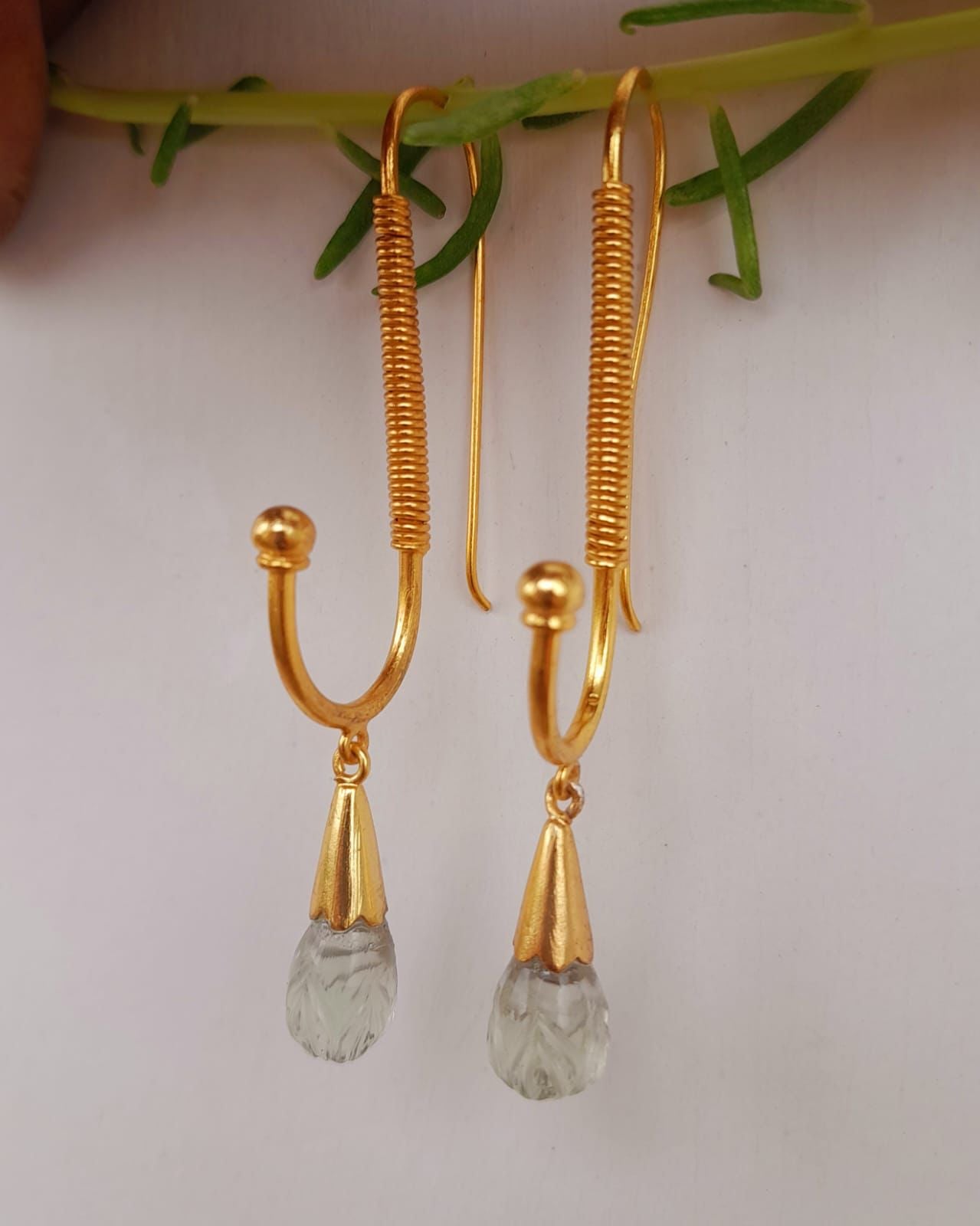 Shelja Earrings (White) in 92.5 Sterling Silver dipped in 1 micron Gold plating long hoops with pastel color drops.