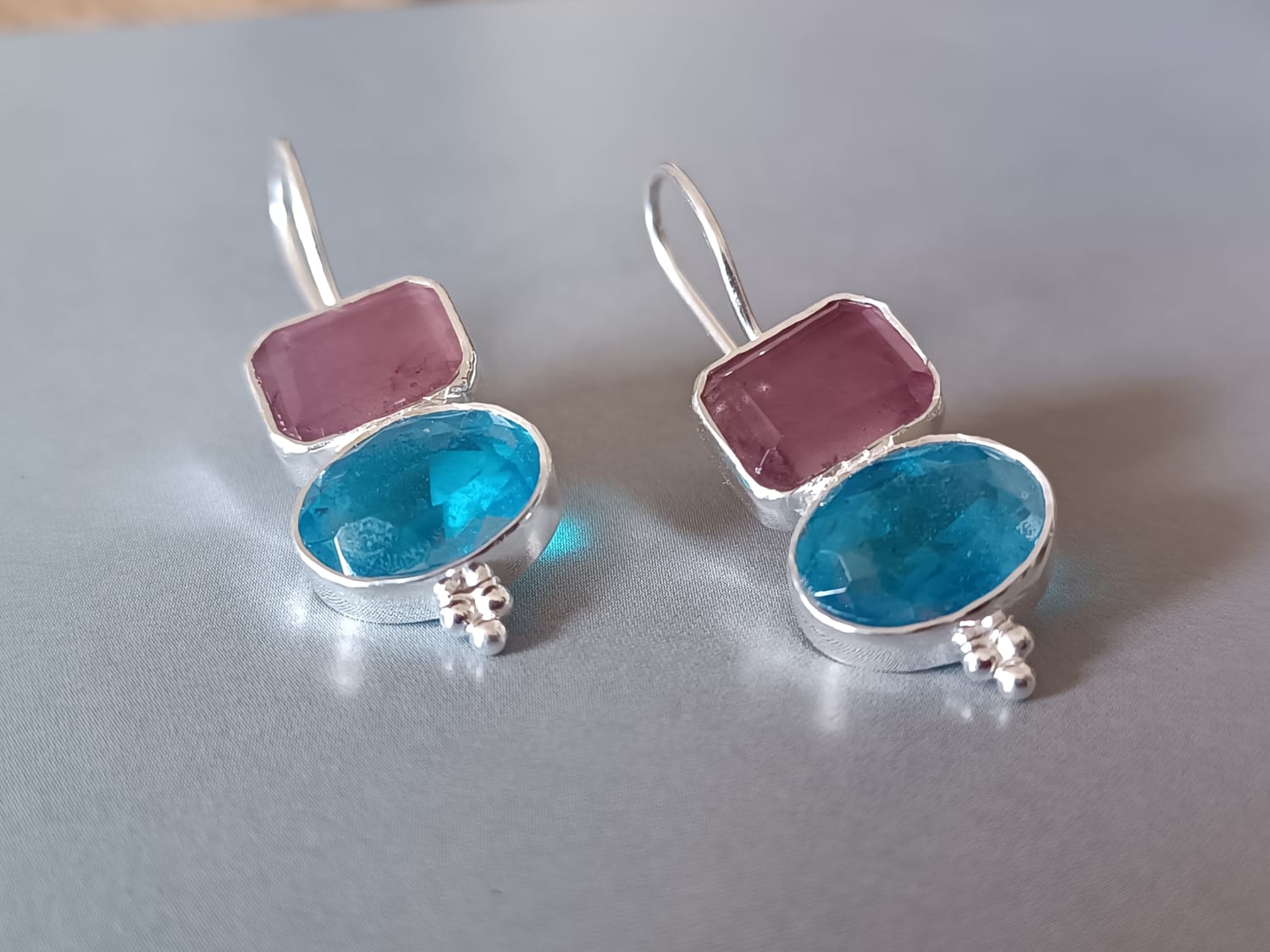 Two stone earrings, Pink & blue quartz, Sterling silver.
