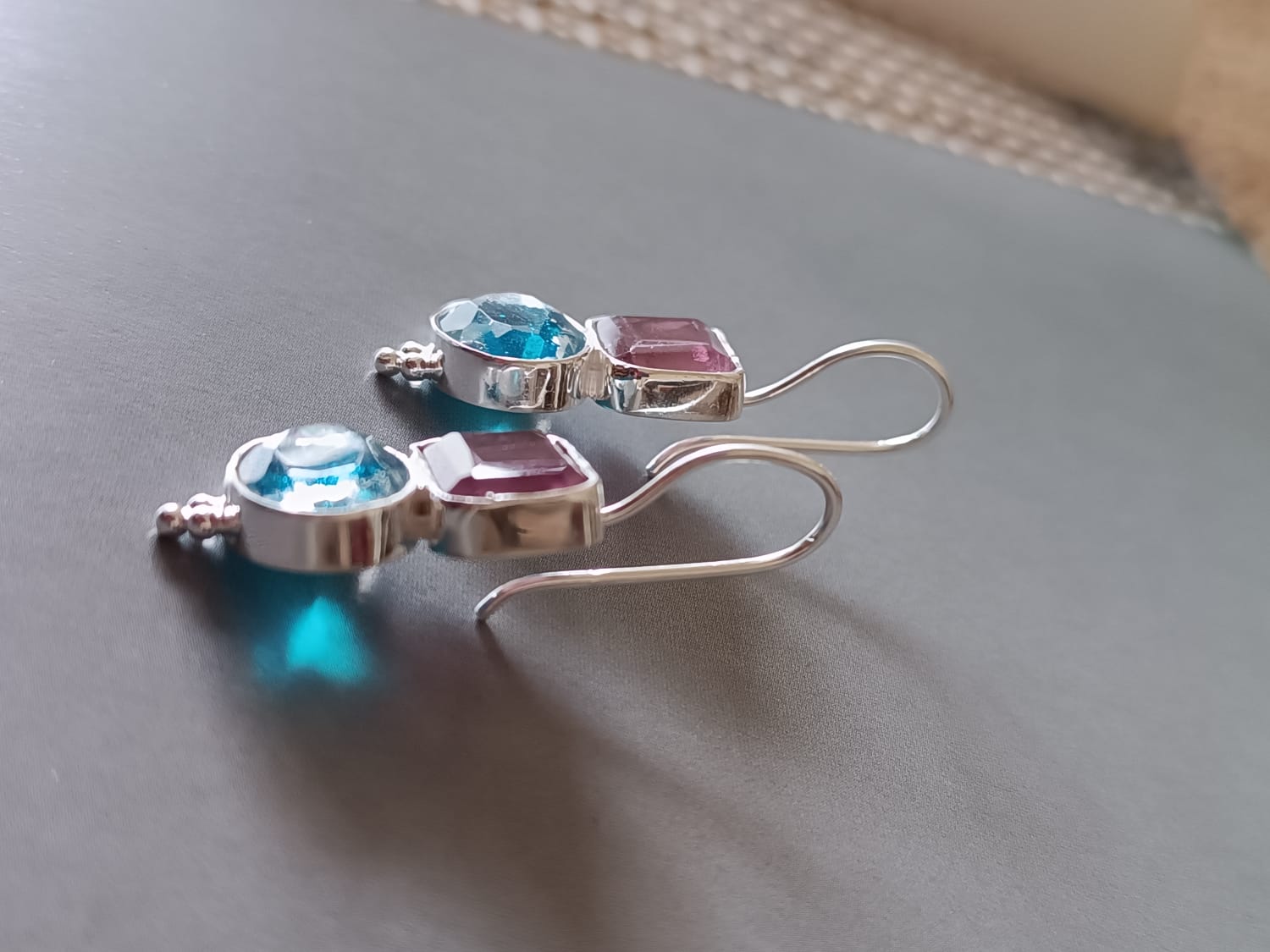 Two stone earrings, Pink & blue quartz, Sterling silver.