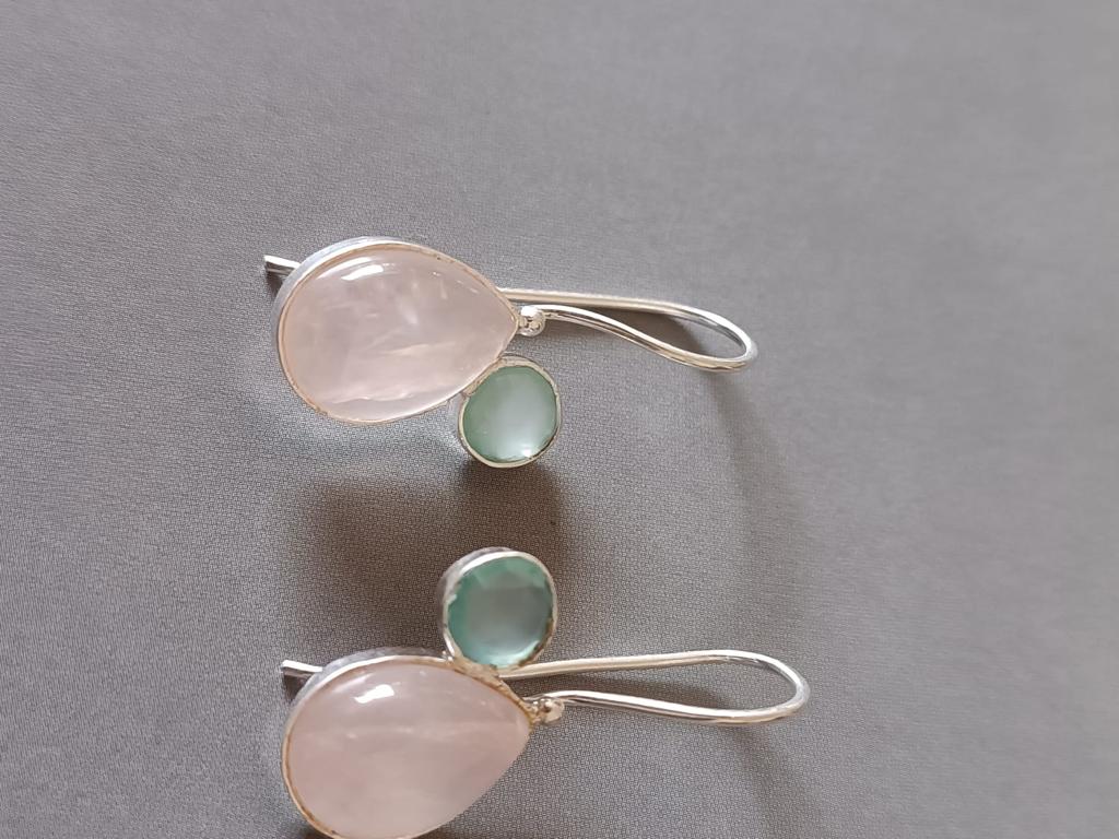 Two stone earrings, Rose quartz and aquacalcydony, Sterling silver.