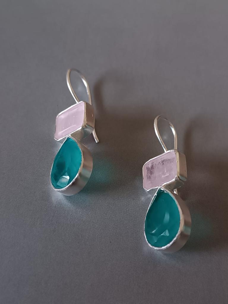 Two stone earrings, Rose quartz and blue quartz, Sterling silver.
