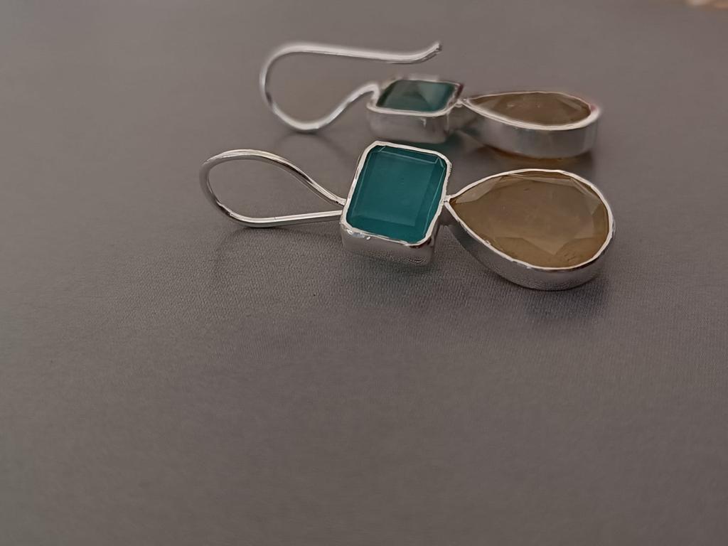 Two stone earrings yellow quartz and blue quartz, Sterling silver.