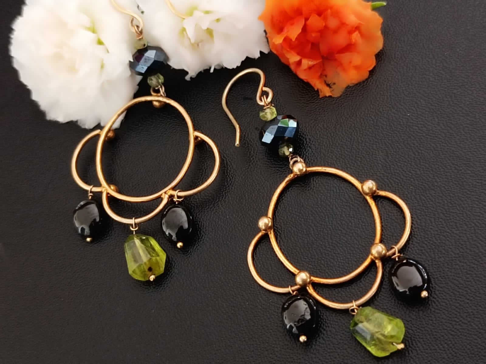 Drop earrings- Peridot, Black Onyx, Sterling silver with 1 Micron gold Plating.