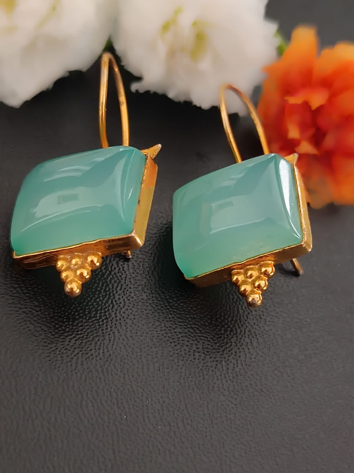 Aquacalcydony earrings, Sterling silver, 1 micron gold plating.