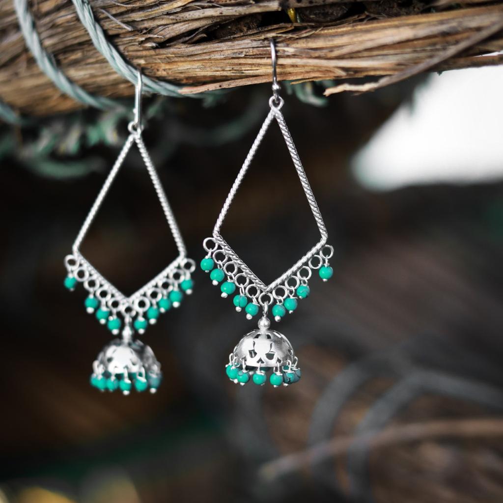 Sterling silver hoops with recon turquoise.