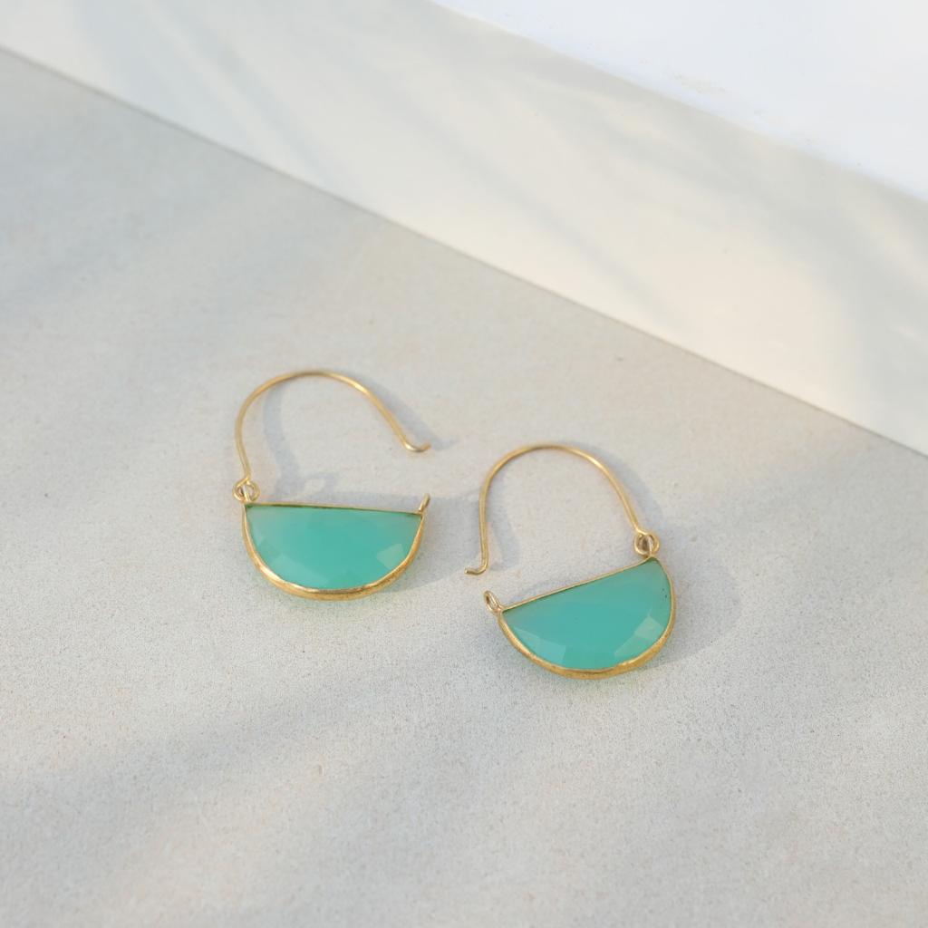 Sterling silver hoops with 1 micron gold plating, aquacalcydony faceted stone.