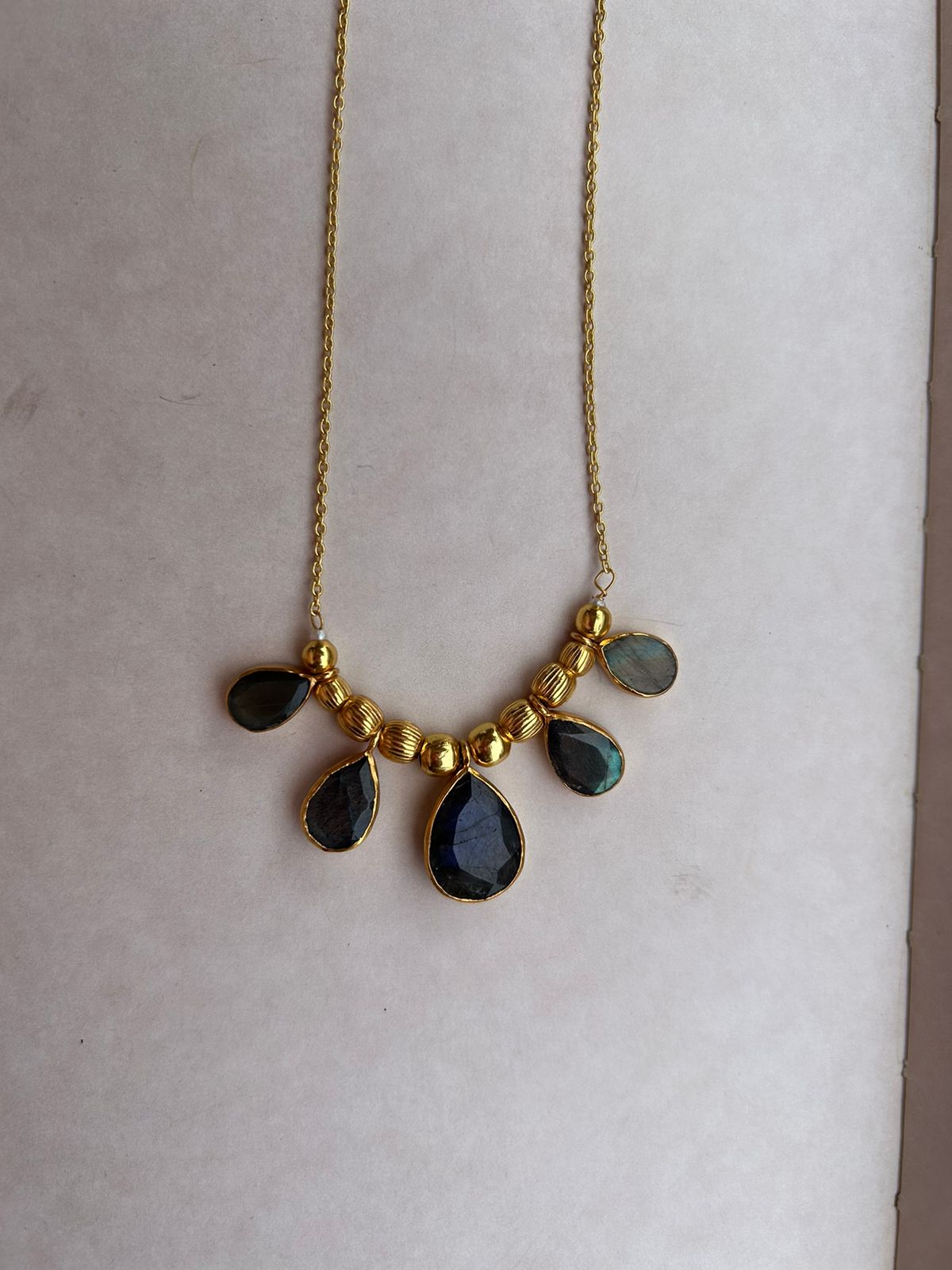 Labradorite necklace, sterling silver, 24 karat gold plating, faceted labradorite stones.