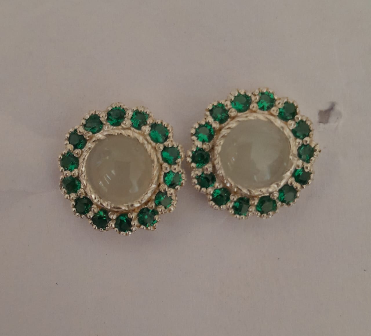 Moonstone green onyx stud Sterling silver earrings, Moonstone and green quartz.