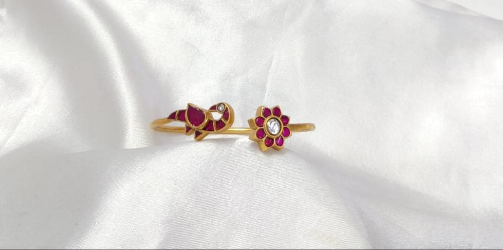 Mayuri Phool Jadau Bracelets with Sterling silver and Billor Polki. 24 k gold plating, adjustable.