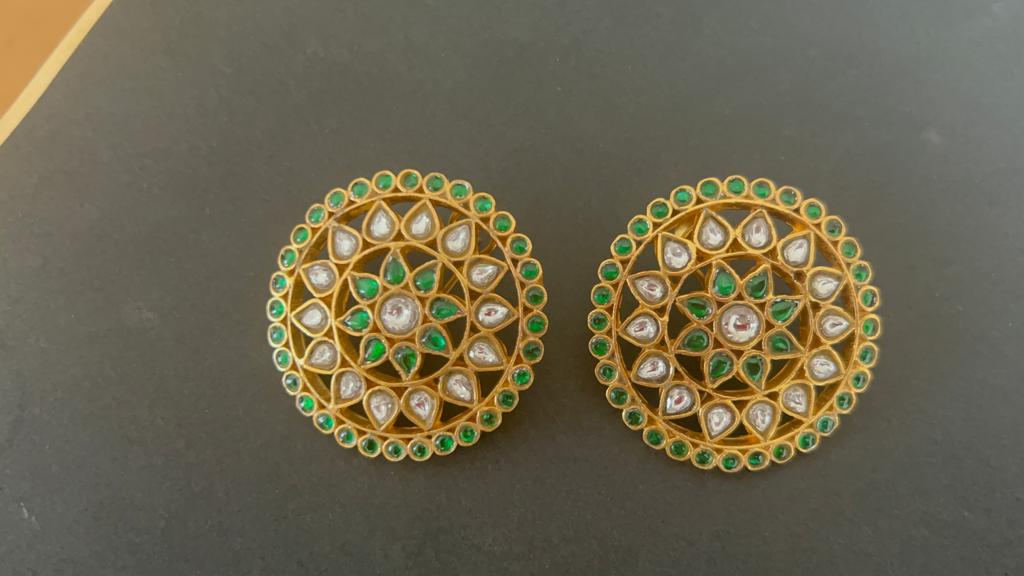 Sterling silver Karna phool earrings with billor Polki, 24 karat gold plating and omega clip.