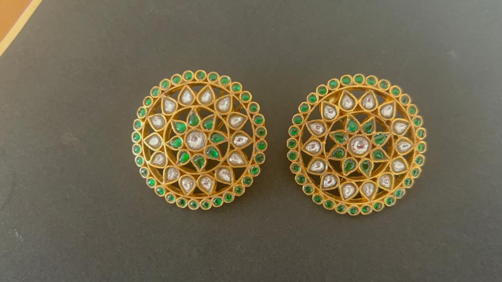 Sterling silver Karna phool earrings with billor Polki, 24 karat gold plating and omega clip.