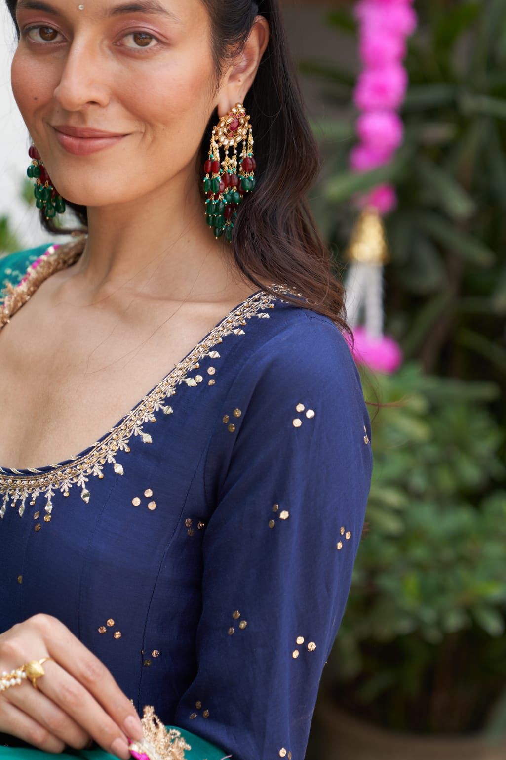 Sterling silver Chandbali badamcha Jadau, 24 karat gold plating, Billor Polki with red quartz and green onyx drops.