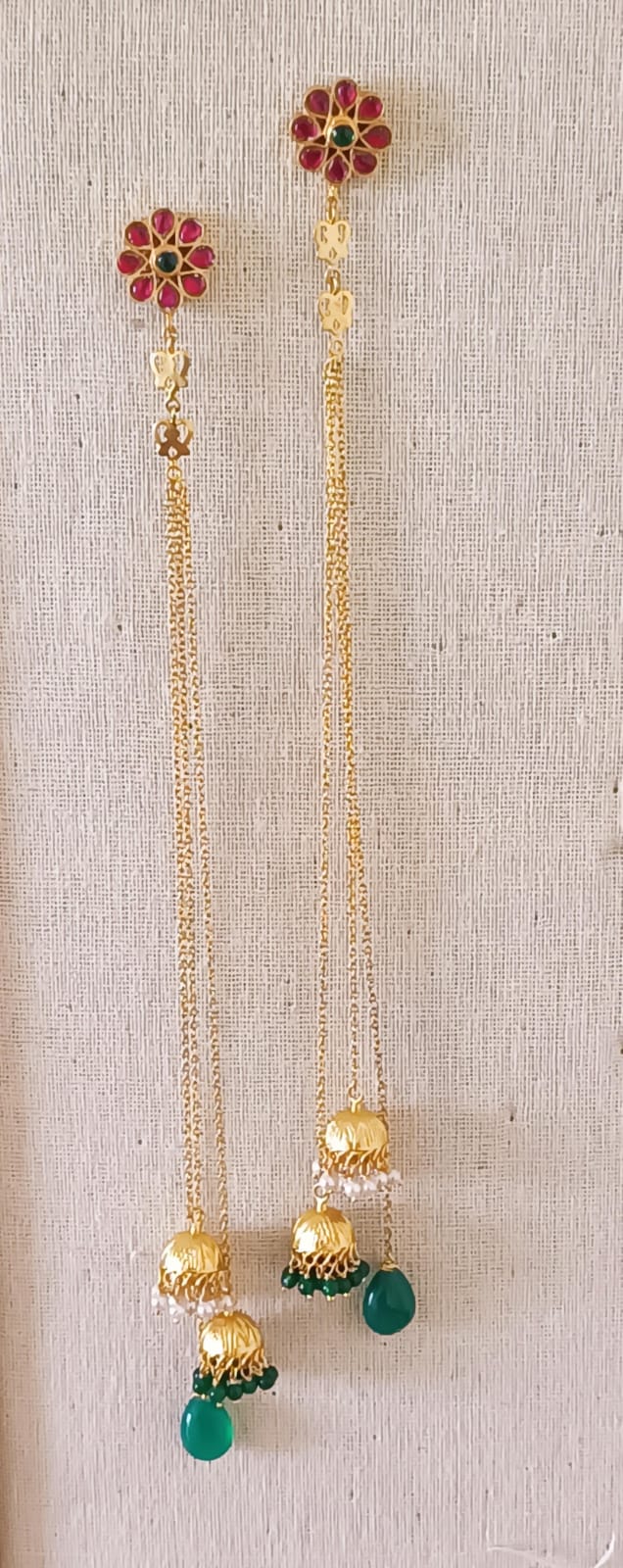 Shoulder dusters, Sterling silver Jadau earrings with Jhumkis, 24 karat gold plating.