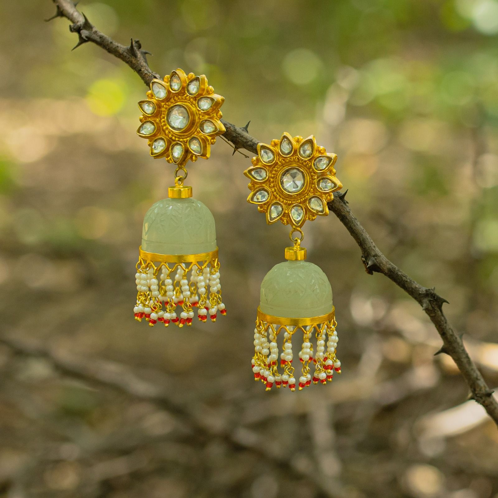Grapes Aventurine Carved Stones Jhumka