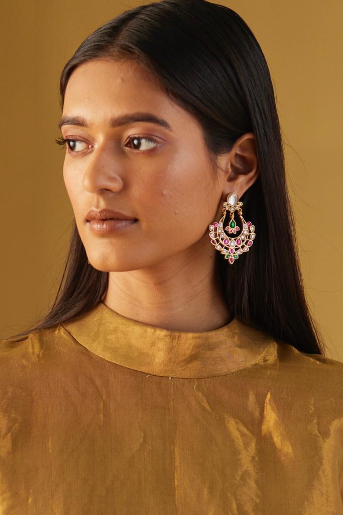 Chandbali Silver gold, Sterling silver with jadau colored stones and billor Polki.