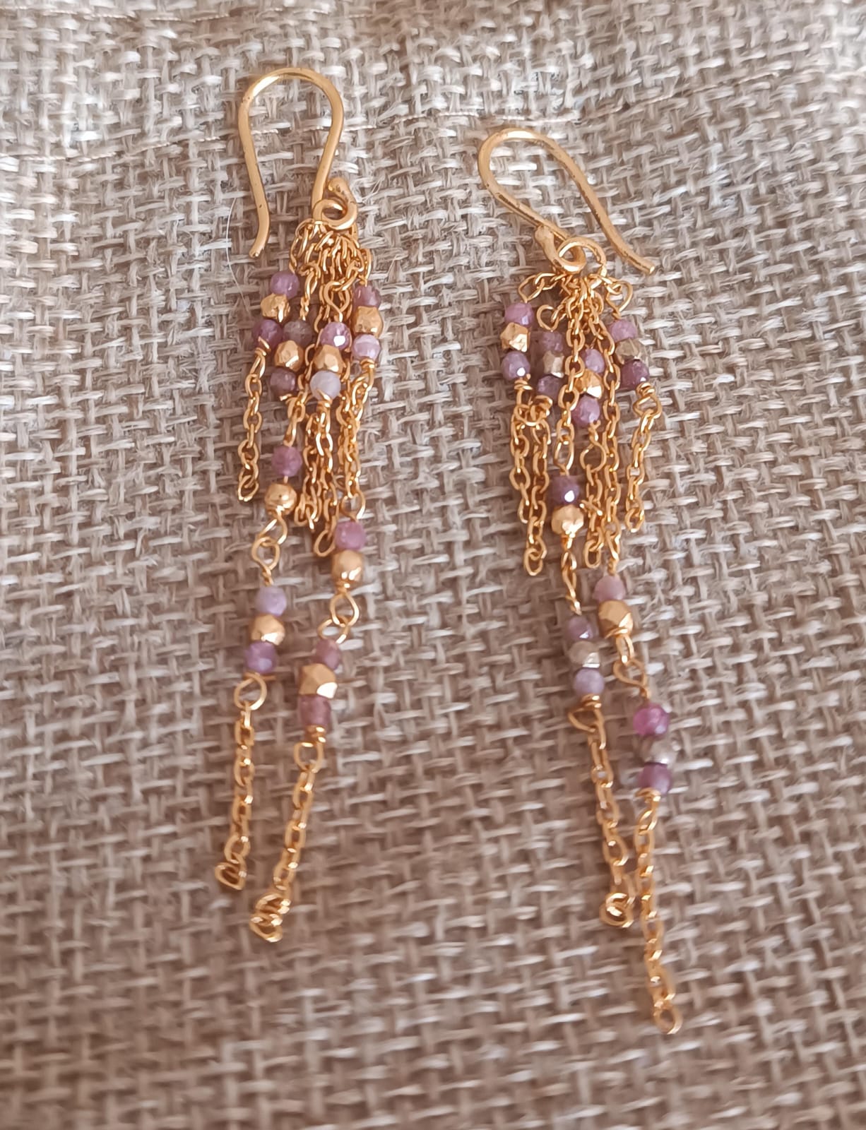 Pink Tourmaline silver chain earrings.
Sterling silver with 1 micron gold plating.