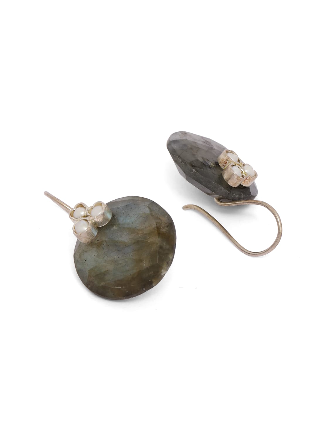 92.5 sterling silver with three stone flower Labrodorite Pearl hook earrings.