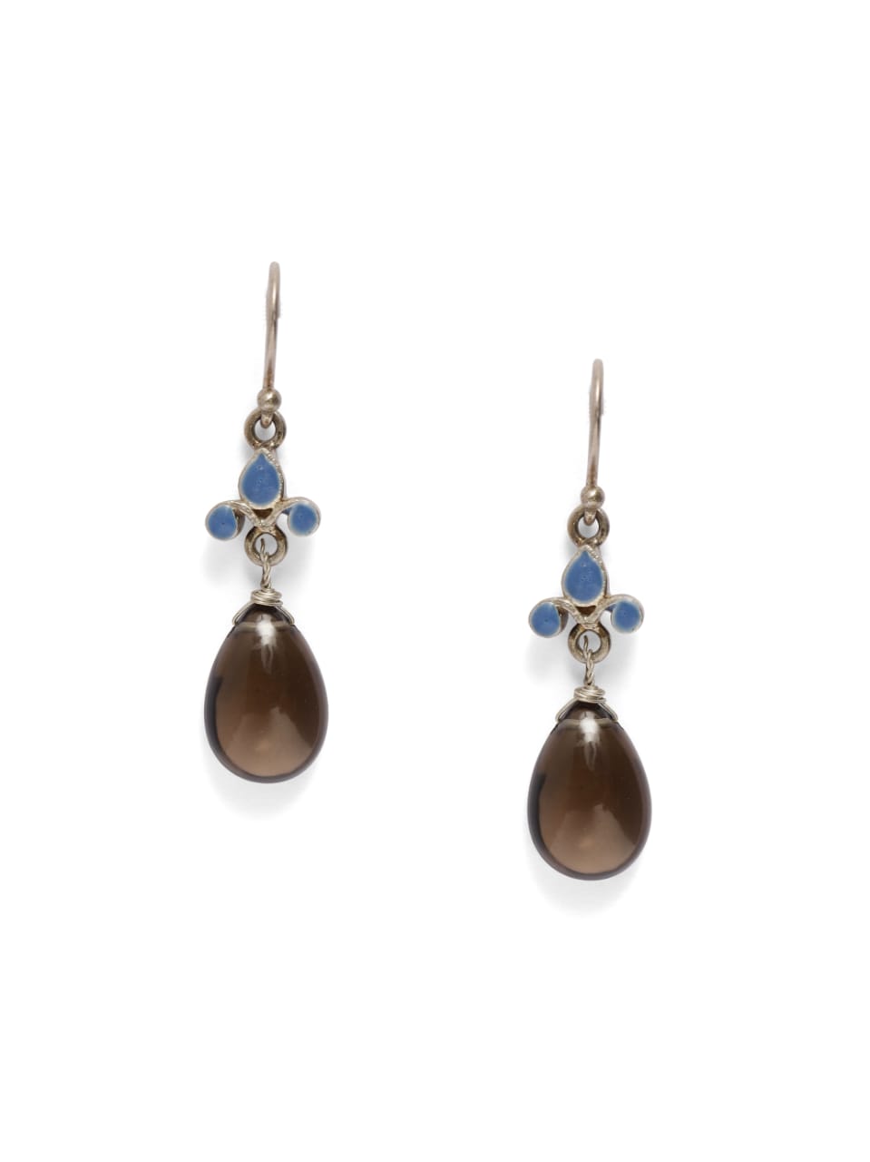 92.5 sterling Silver enamel smoky Quartz drop hook earrings.