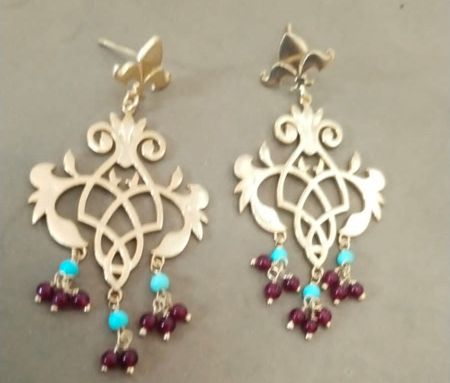 Filigiri turquoise and red Quartz earrings in 92.5 Sterling silver with micron Gold plating.