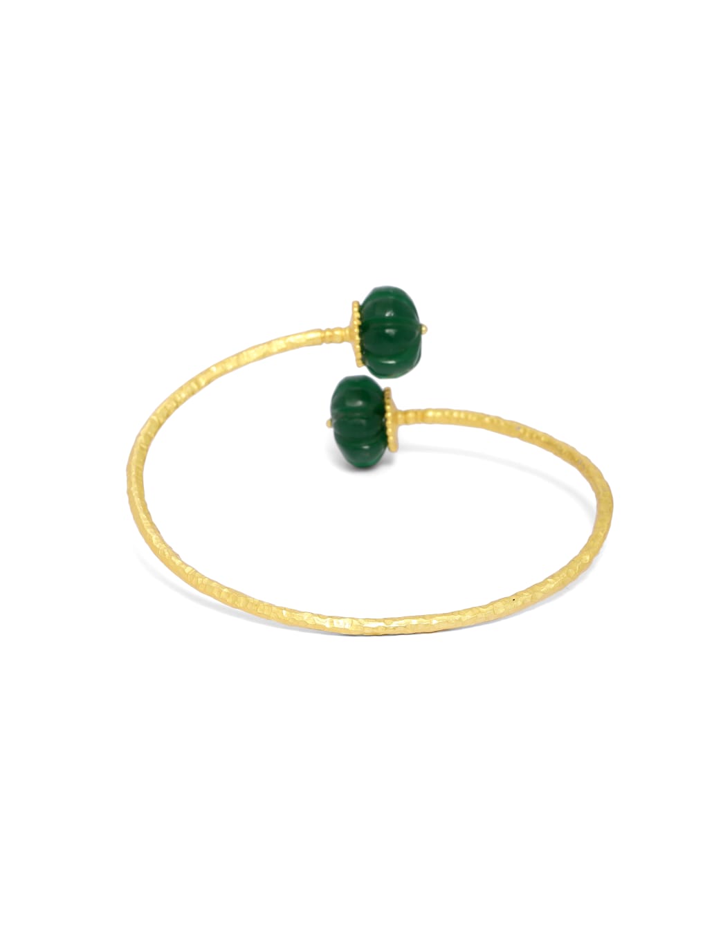 Bracelet in carved green Onyx melon stones, Sterling Silver with 1 micron Gold plating in adjustable size.