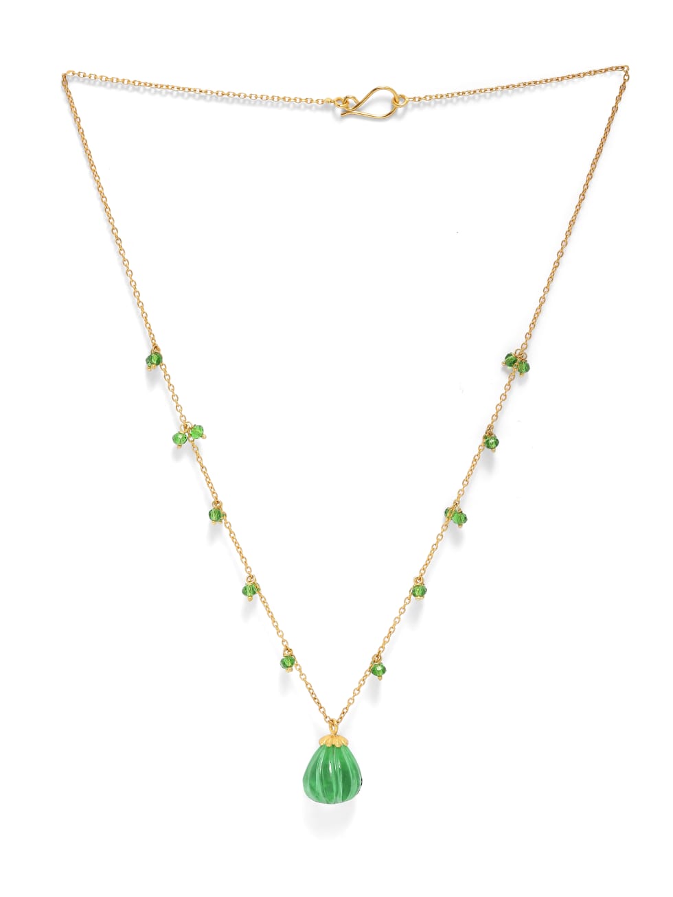 92.5 sterling Silver green Quartz melon shape droplet necklace with green Quartz beads.