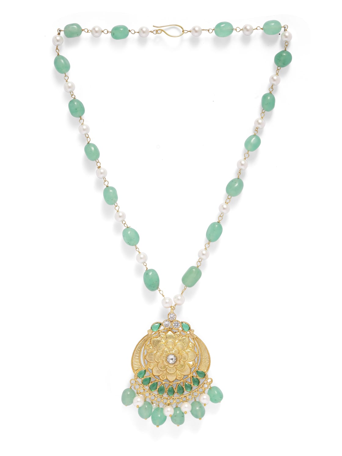 92.5 sterling Silver Gold plated Jadau traditional Pearls with green beads chain necklace.