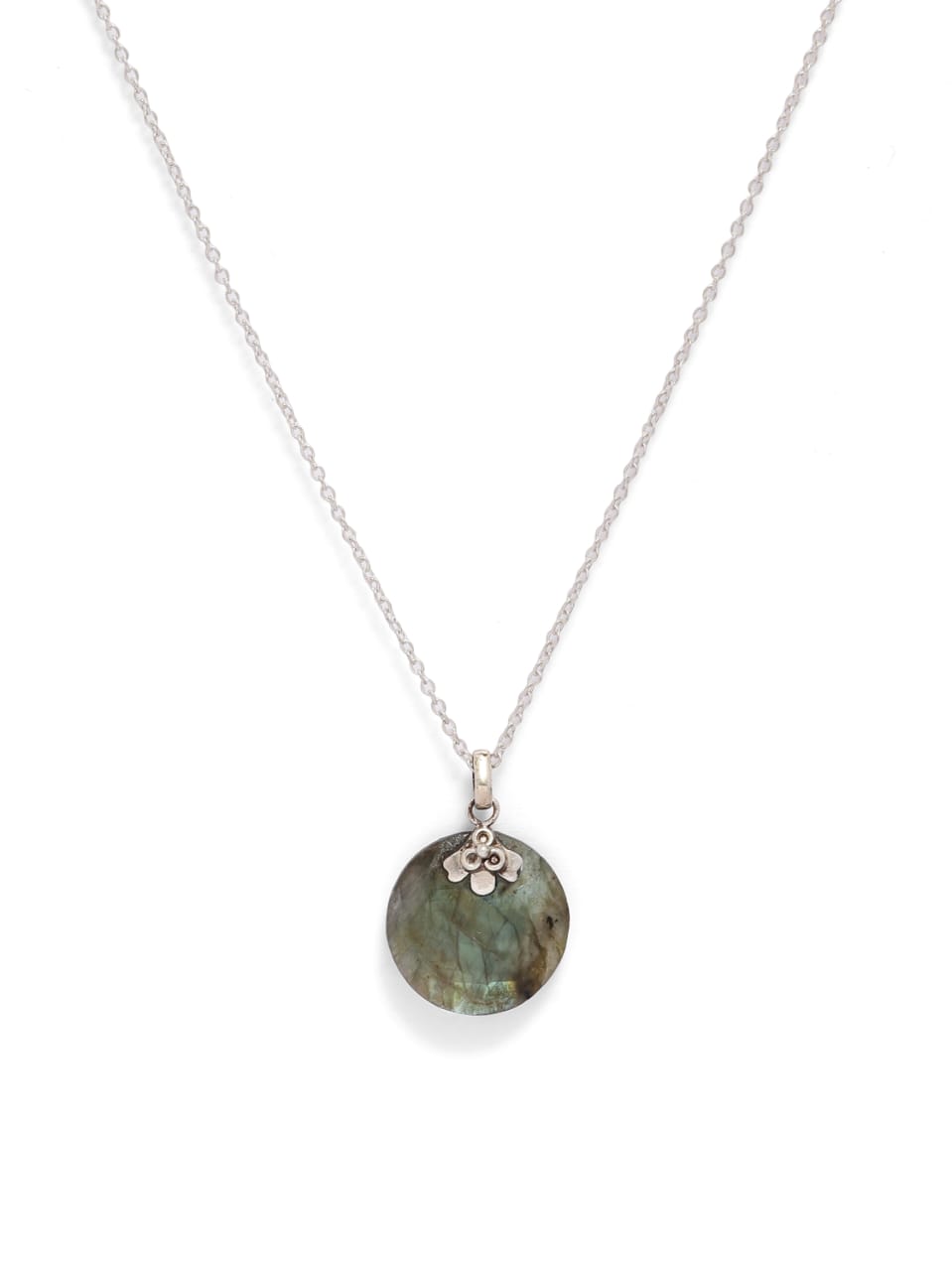 92.5 sterling silver Necklace with faceted labradorite stone in silver work.