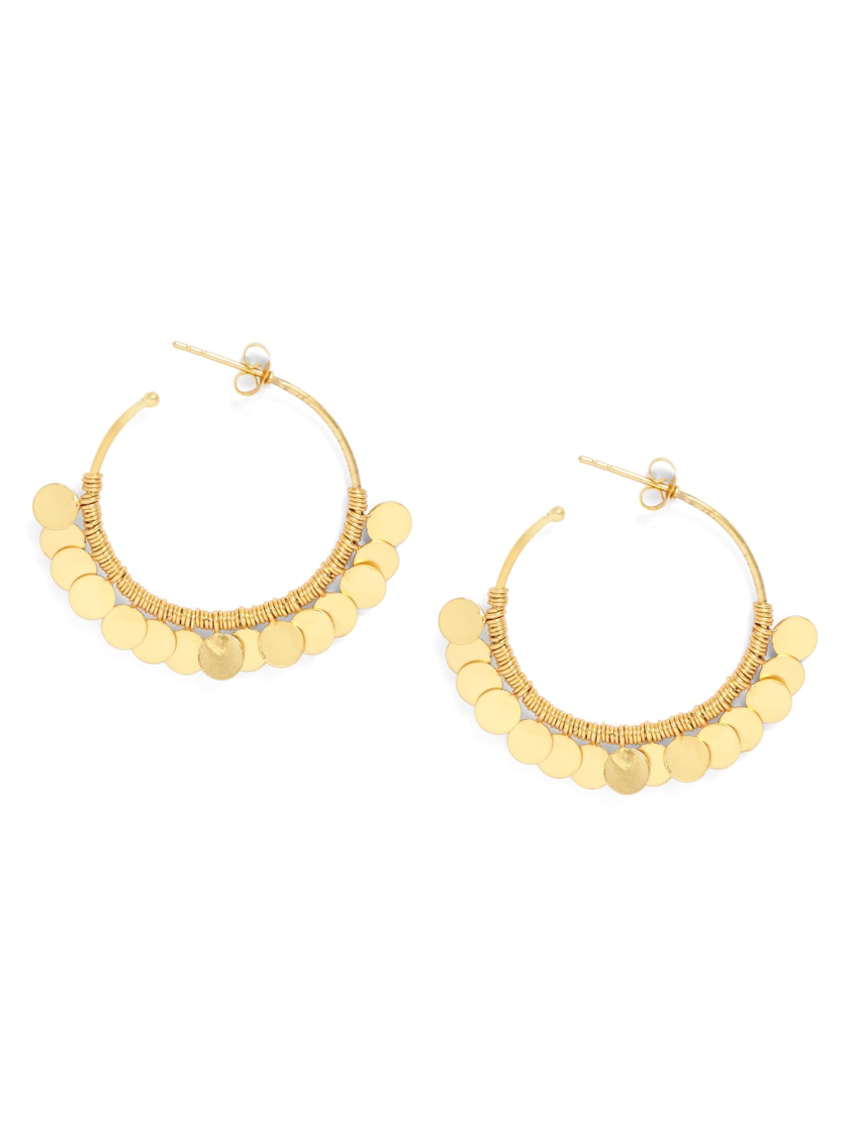Tikli earrings. 92.5 sterling Silver Gold plated coin hoop earrings.