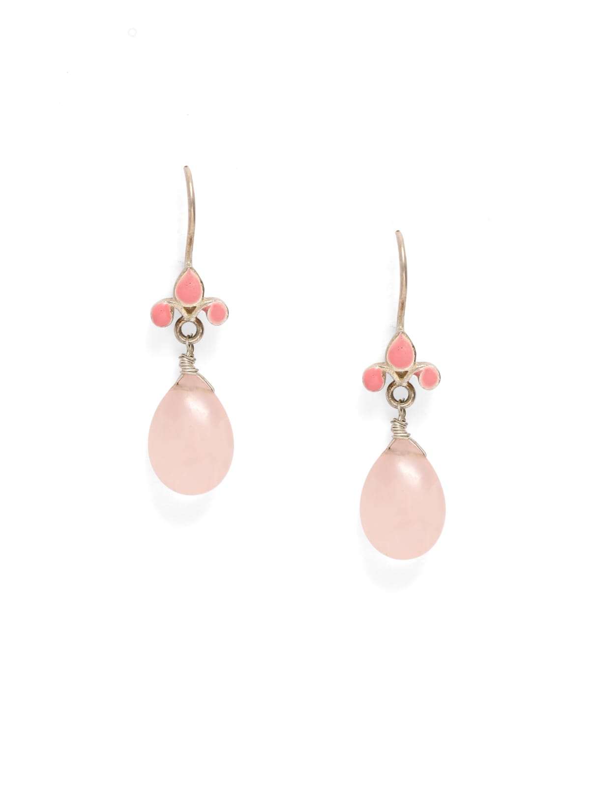 Rose Quartz earrings with enamelled tops in baby pink color.