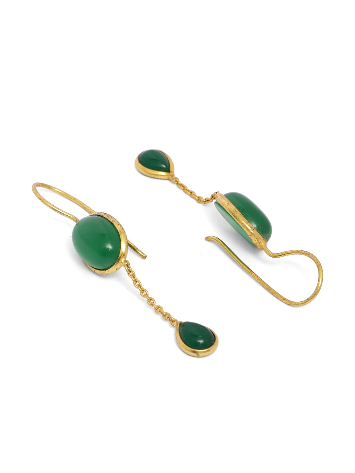 Sterling Silver hook earrings with double Green Onyx stones and chain in micron Gold plating.