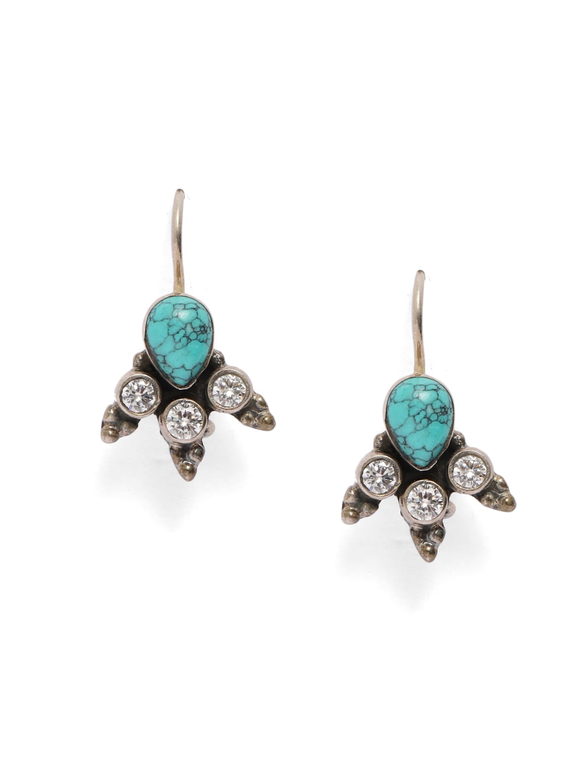 Sterling Silver hook earrings with Turquoise and cubic Zirconia in Oxidised plating.