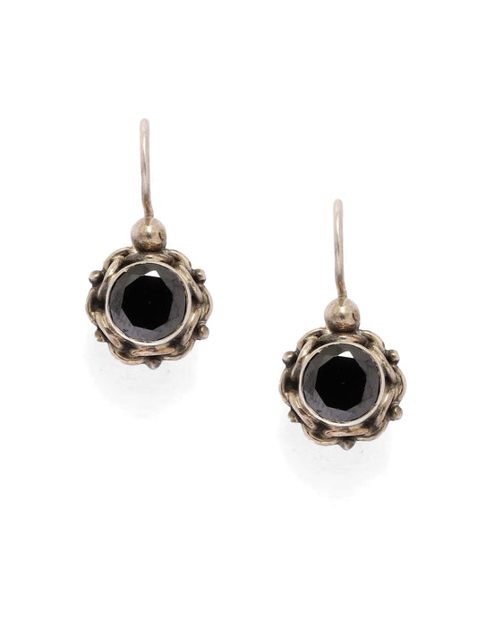 Sterling Silver hook earrings with faceted black Onyx stones in Oxidised plating.