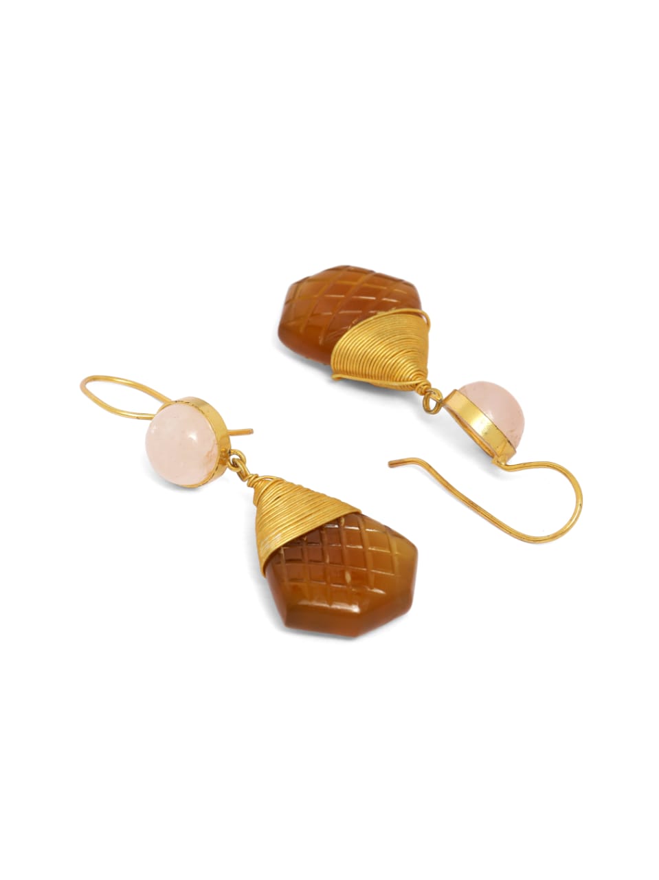 92.5 sterling Silver Gold plated rose Quartz with yellow Aventurine checker cut stone hook earrings.