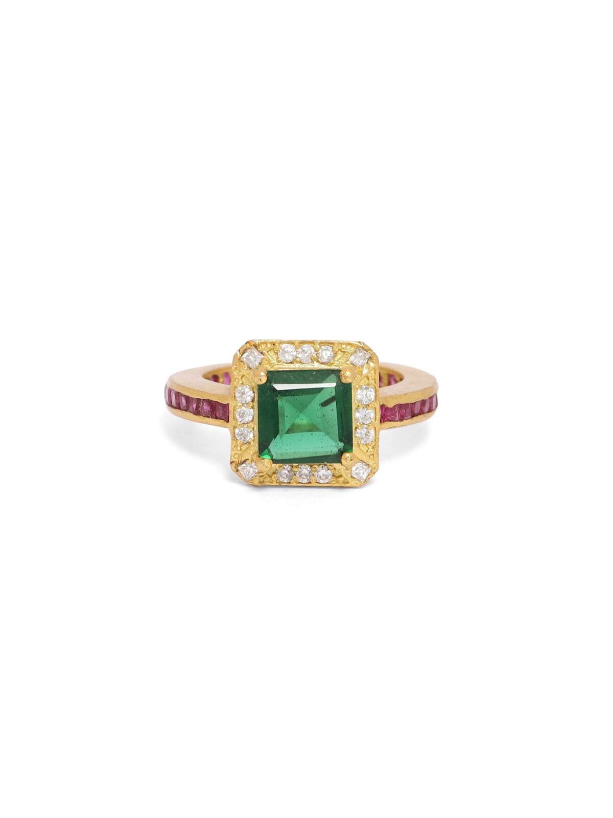 Art deco style ring with red, green and white Zircons in sterling Silver with micron Gold plating (Made to size).