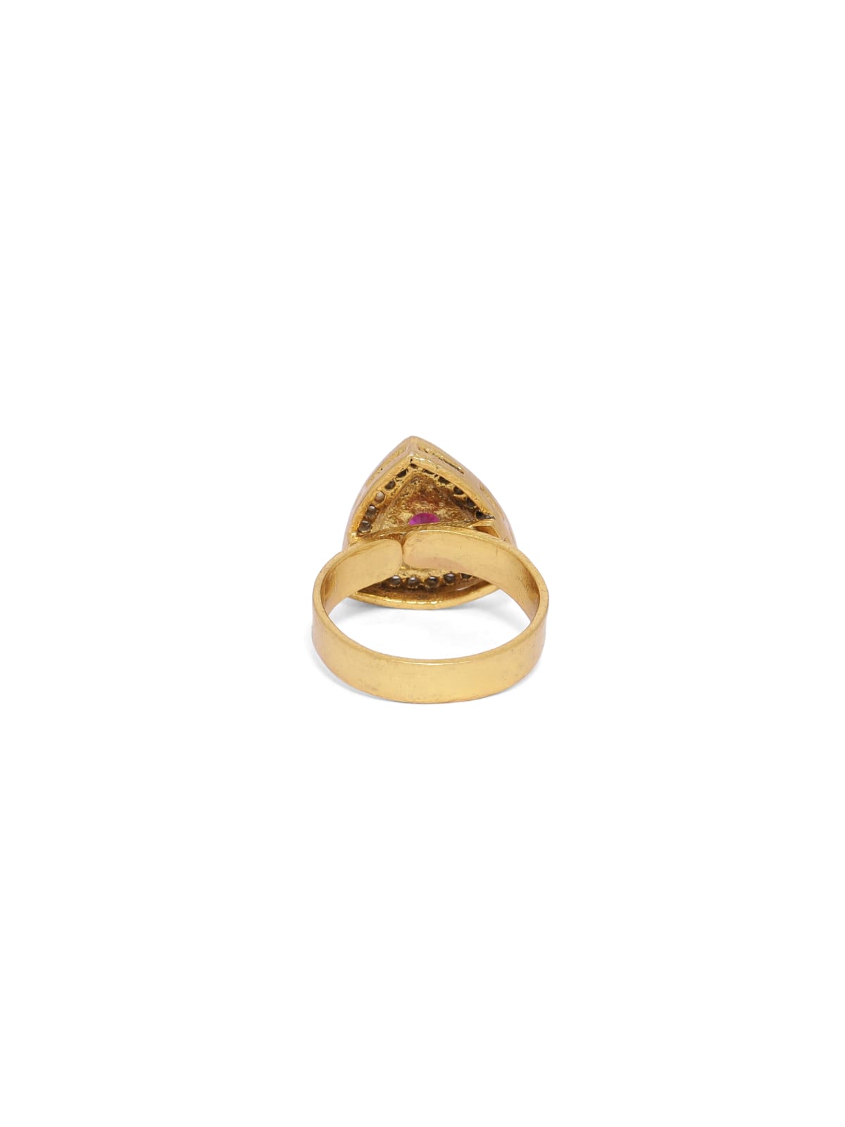 Sterling Silver ring in trillion shape with red and white Crystal in 18 karat Gold plating.