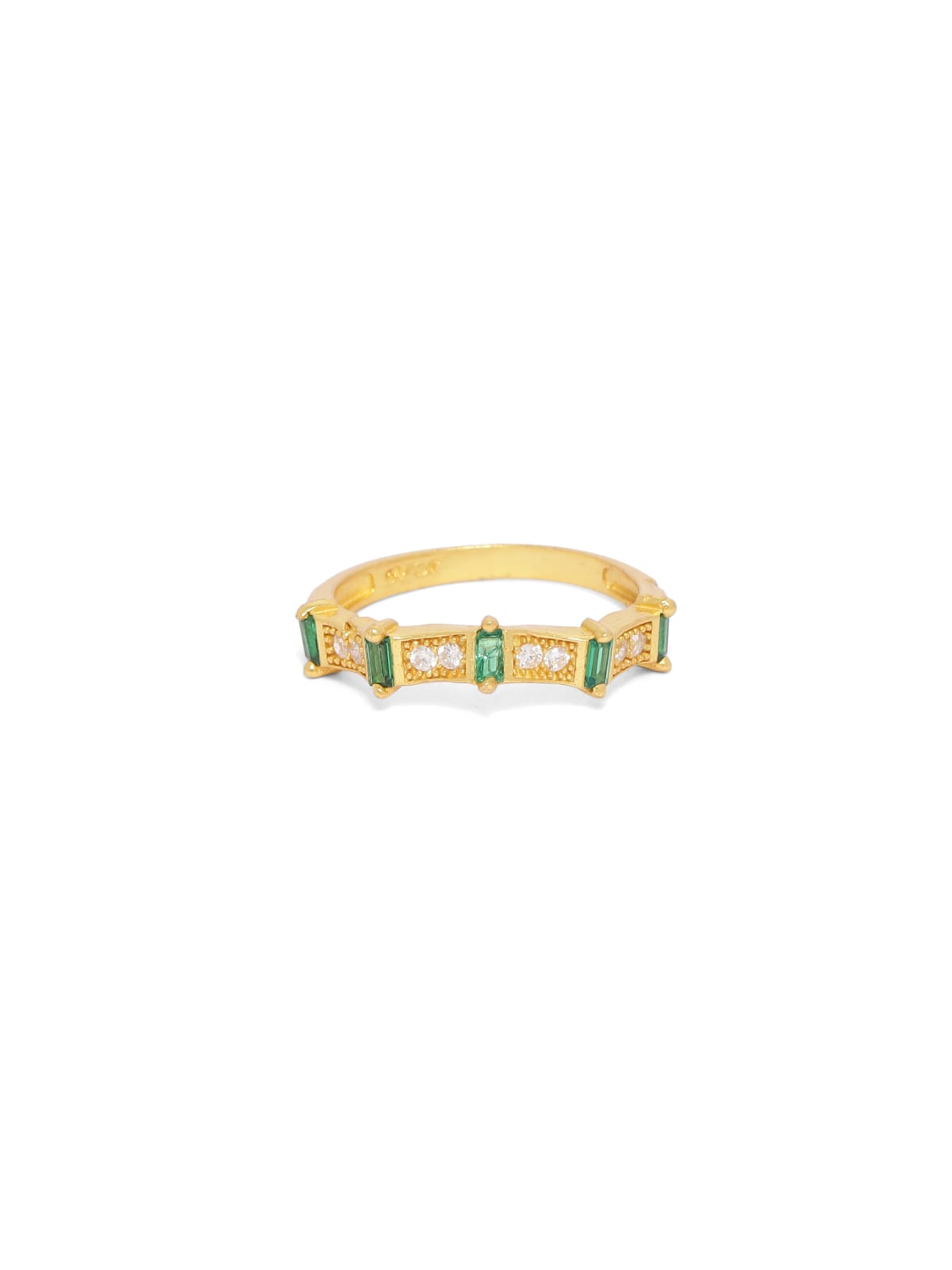 Sterling Silver ring with green and white baguettes in 18 karat Gold plating.