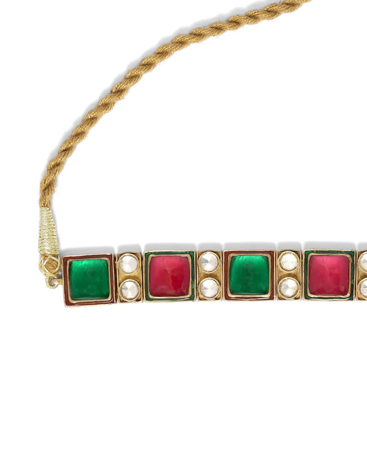 Sterling Silver choker with red and green Quartz, Billor Polki with enamelling in 18 karat Gold plating with Sarafa closure.