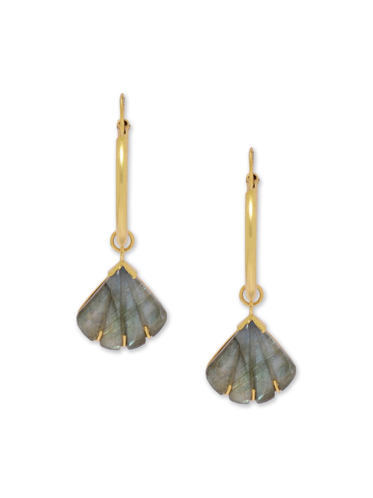 Carved Labradorite hoop earrings in sterling Silver with 18 karat Gold plating.