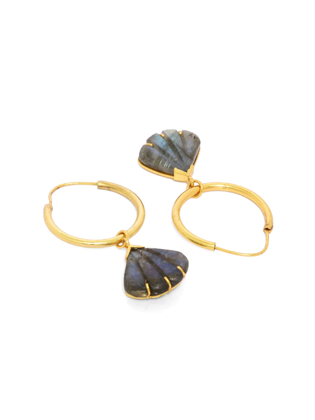 Carved Labradorite hoop earrings in sterling Silver with 18 karat Gold plating.