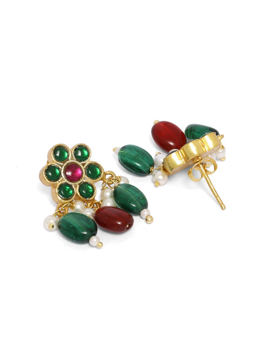 Sterling Silver 18k Gold plated red green jadau earrings suitable for Traditional wear.