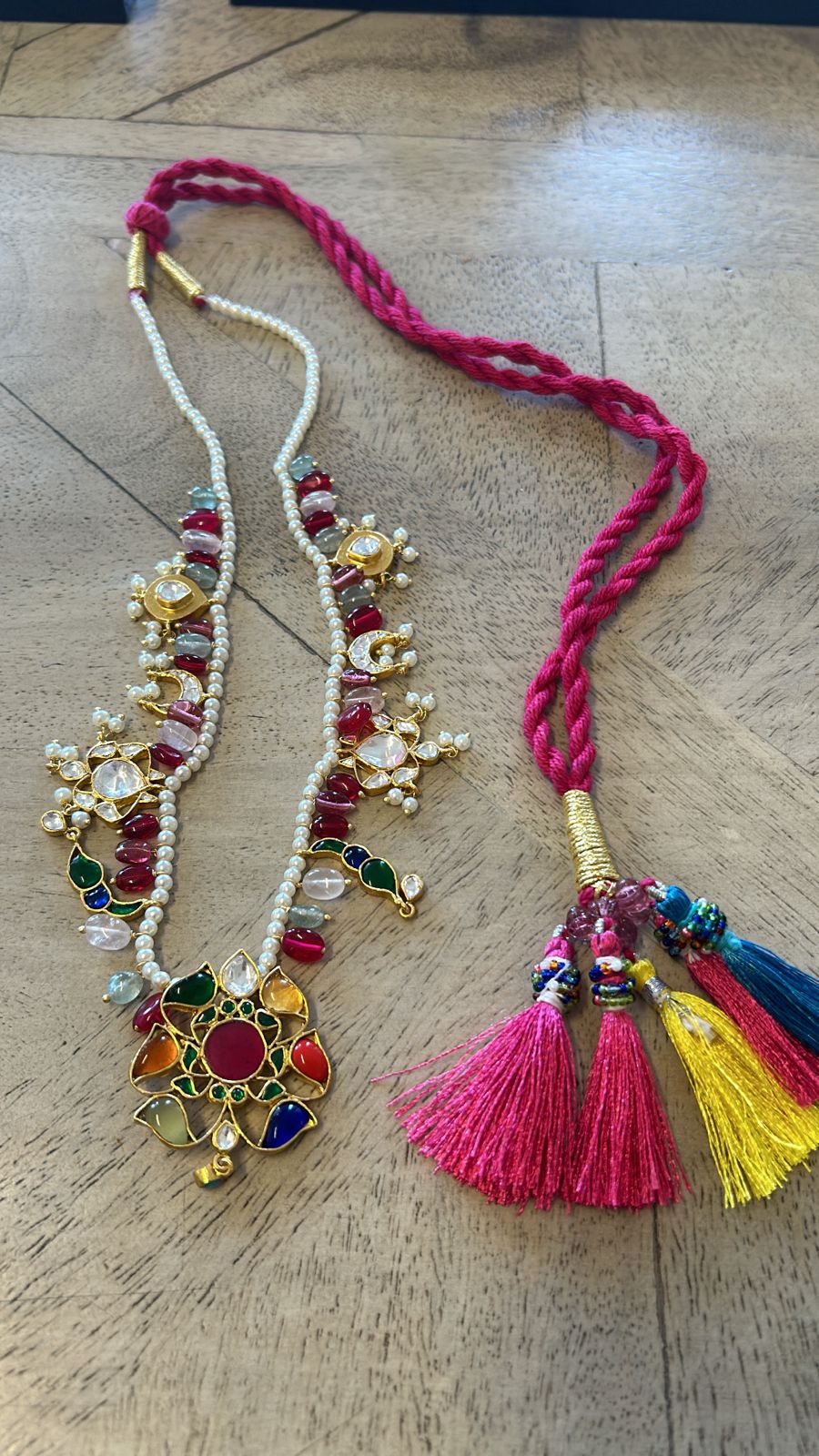 Navrattan necklace in sterling Silver with 18 carat Gold plating with Billor Polki and jadau stones in Sarafa dori closure (adjustable).