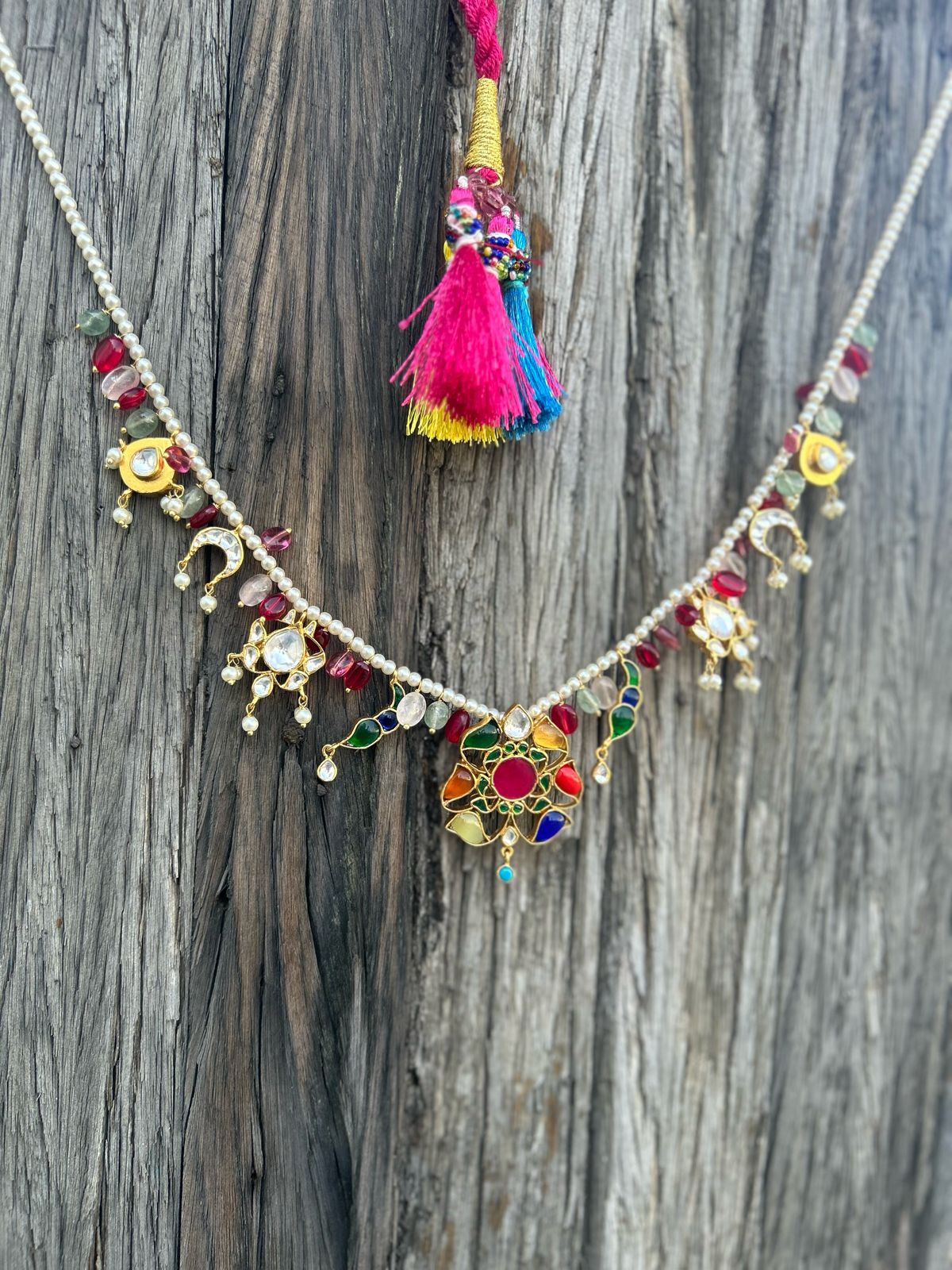 Navrattan necklace in sterling Silver with 18 carat Gold plating with Billor Polki and jadau stones in Sarafa dori closure (adjustable).