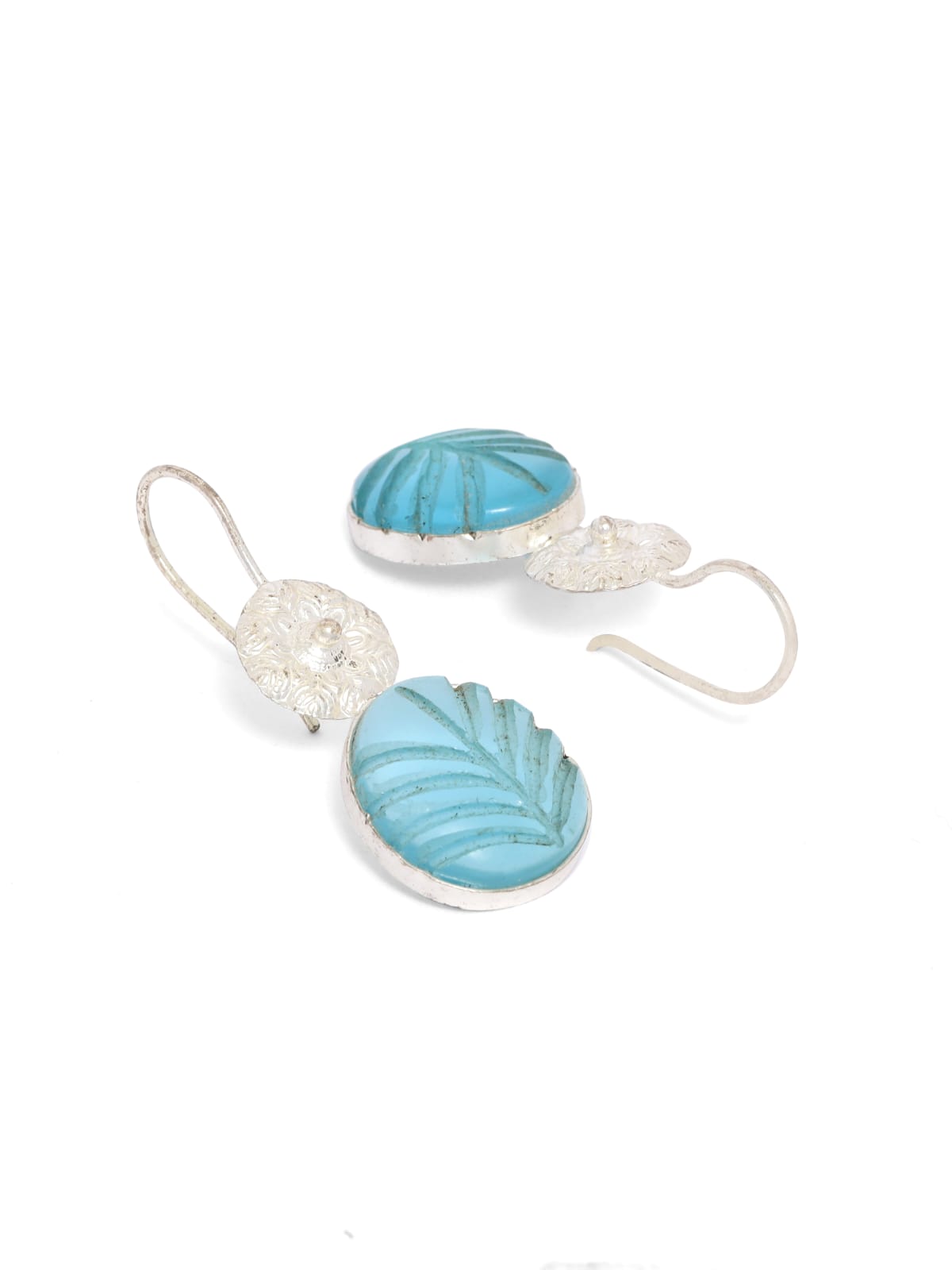 Carved blue Chalcydony hook earrings set in sterling silver.