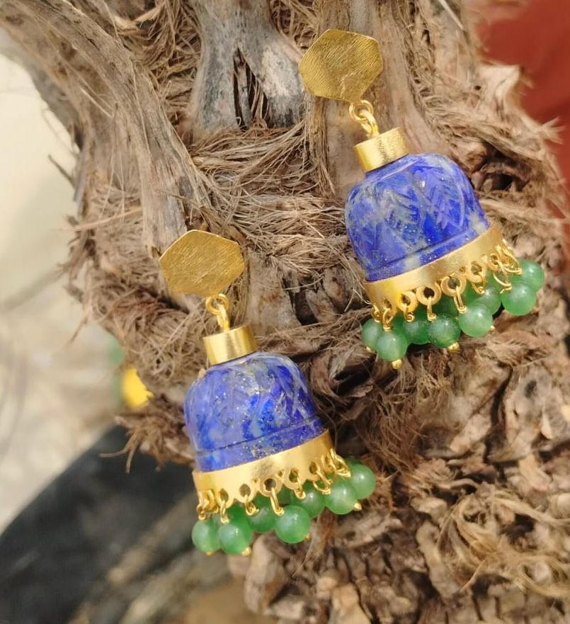 Lapis lazuli jhumka with grapes aventurine drops, made in sterling Silver with 18k Gold plated.
