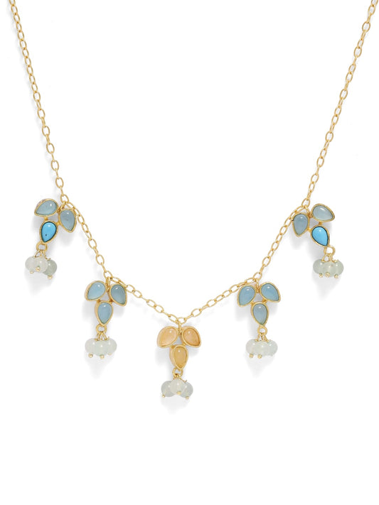 Sterling Silver 18k Gold plated Aquachalcy and yellow Aventurine semi precious stone necklace with Pearls.