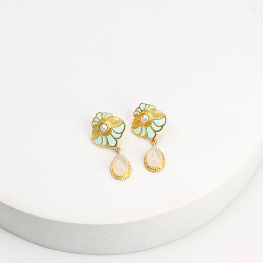 Sterling Silver Gold plated
Pastel colour Enamel with Rose Quartz Trendy earrings.