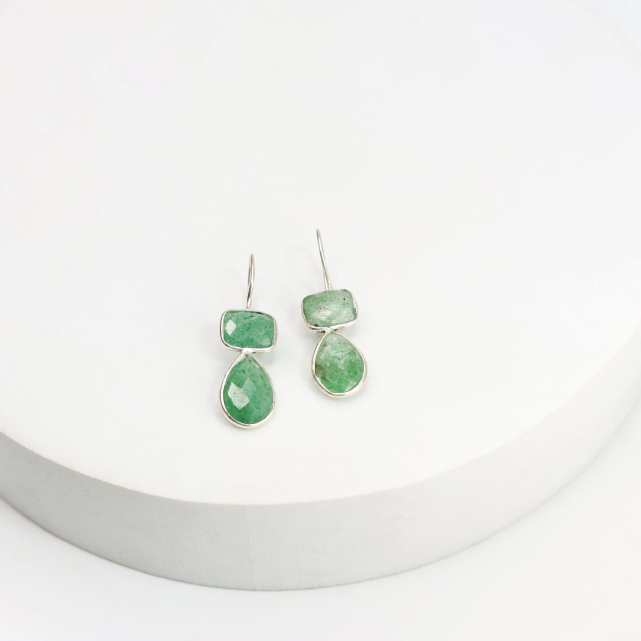 Two stone hook earrings in Sterling Silver earrings faceted grapes, Aventurine stones set.
Light weight, classy, everyday wear.