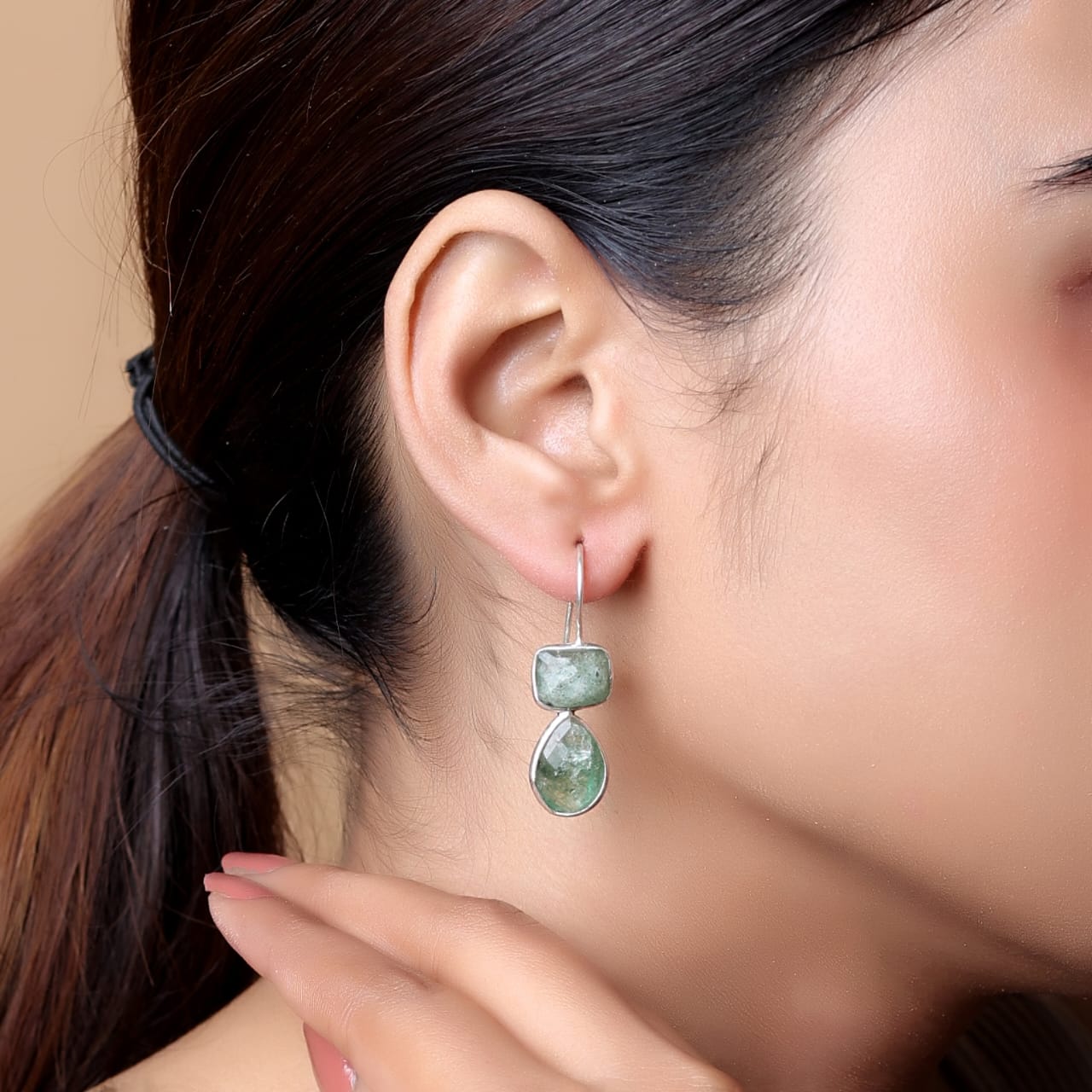 Two stone hook earrings in Sterling Silver earrings faceted grapes, Aventurine stones set.
Light weight, classy, everyday wear.