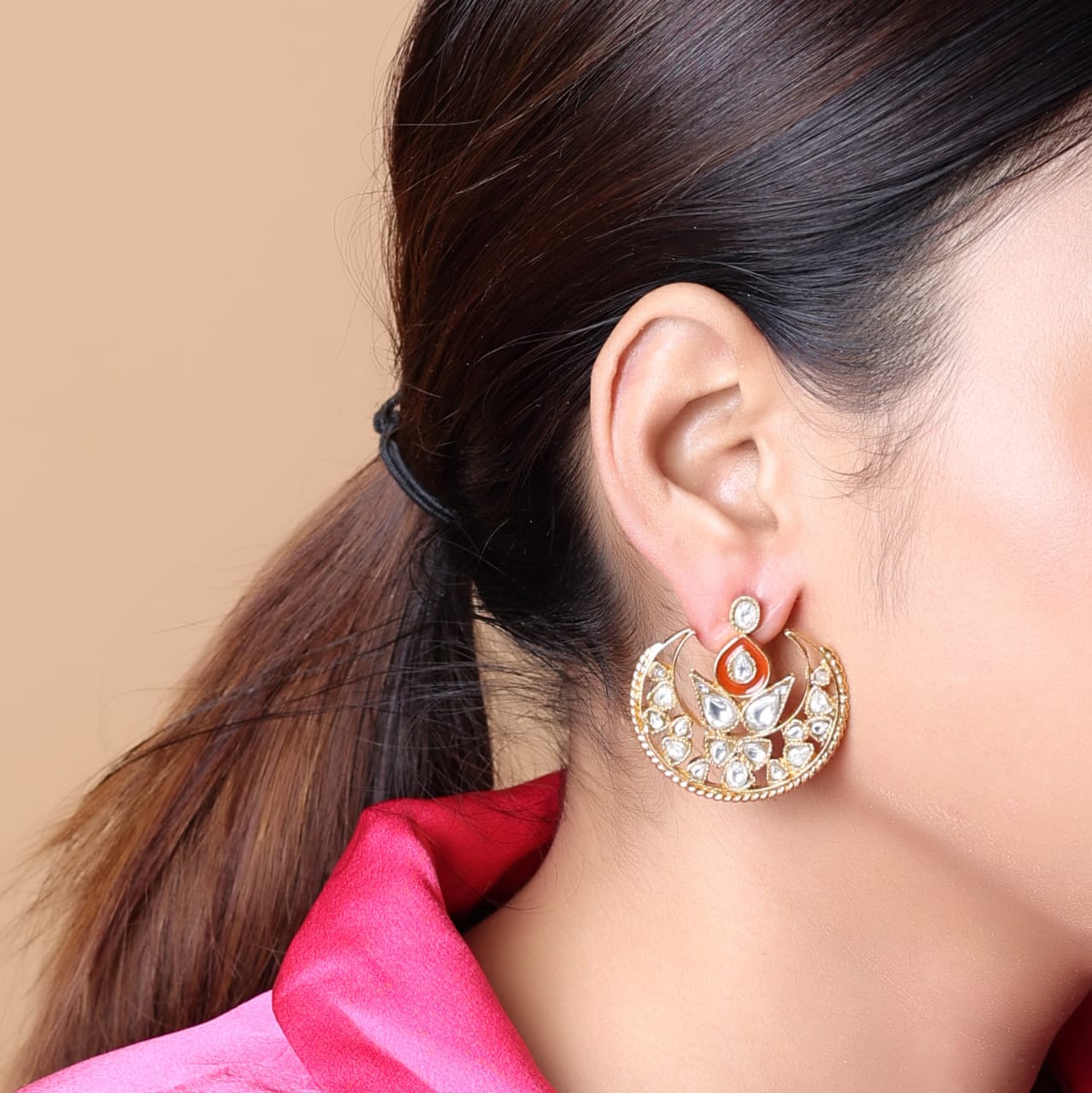 Sterling Silver oversized stud earrings with billor Polki in Chand motif with Post-Push closure.